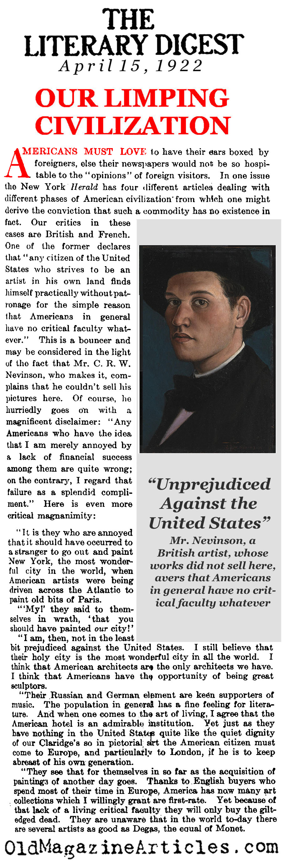 C.R.W. Nevinson Rants About  the American Art World (Literary Digest, 1922)